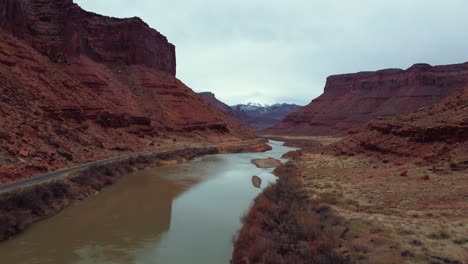 Moab's-Wall-Street-And-Colorado-River---aerial-drone-shot