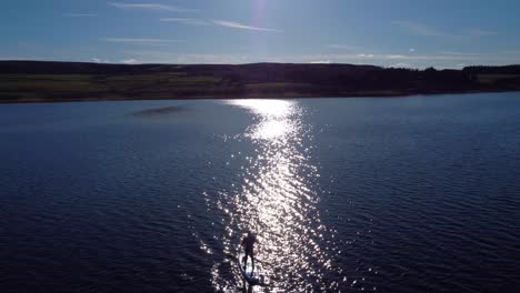 Aerial-tracking-shot-of-a-paddleboarder-on-a-lake