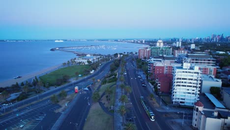 Aerial-marine-parade-road-St-kilda-Beach-apartment-blocks,-Melbourne