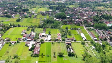 Green-rural-fields-and-private-home-estates-near-Yogyakarta,-aerial-drone-view