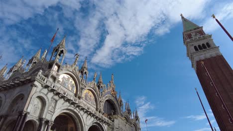 Saint-Mark's-Basilica-Against-Blue-Sky-In-Venice,-Italy---low-angle