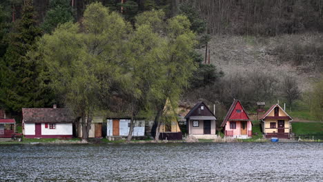 houses-on-the-lake-shore-in-Europe,-Hungary,-Arlo