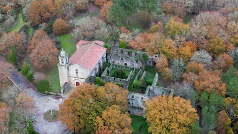 Aerial-orbit-zoom-on-old-monastery-in-xinzo-de-limia-ourense,-spain