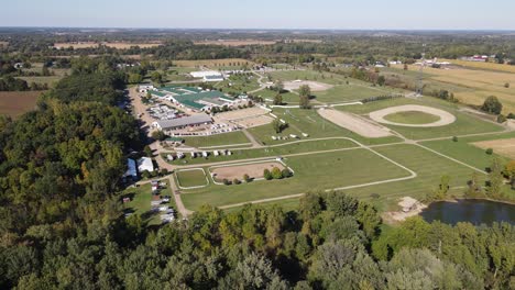 Shiawassee-County-Fairgrounds,-aerial-drone-view-on-sunny-day
