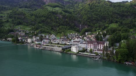 Picturesque-Lakeside-town-of-Vitznau,-Switzerland-on-Lake-Lucerne,-Aerial