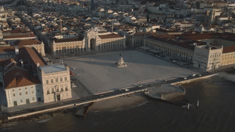 Areal-Drone-Footage-of-the-Historical-Center-Praca-do-Comercio-Town-Square-in-Lisbon,-Portugal,-Filmed-During-Sunset