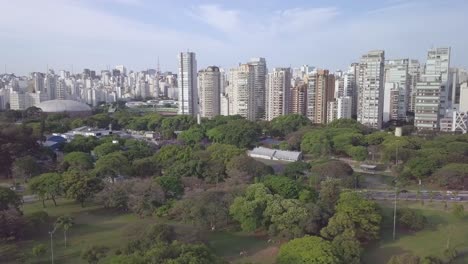 The-beautiful-skyline-of-Sao-Paolo-in-Brazil,-summer-sunset--aerial-shot