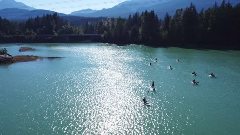 Group-of-stand-up-paddle-boarders,-floating-in-an-emerald-lake-next-to-a-Highway-surrounded-by-forest-trees,-islands-mountains-on-sunny-day-near-Whistler-British-Columbia