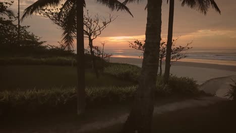 Stunning-establishing-aerial-shot-of-early-morning-beach,-flying-through-palm-trees,-melting-colors-sunrise