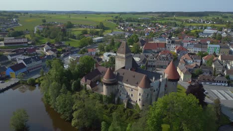 Great-aerial-top-view-flight-Austria-Heidenreichstein-castle-in-Europe,-summer-of-2023
