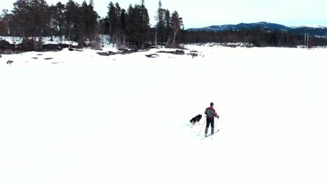 Hombre-Activo-Esquiando-Con-Un-Perro-En-Un-Paisaje-Extremadamente-Helado