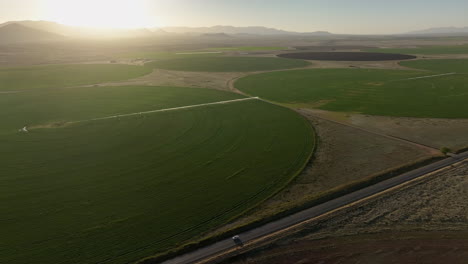 Aerial-shot-of-car-driving-on-dirt-road-in-near-pivots-with-green-farm-growth-in-Willcox,-Arizona,-wide-side-angle-drone-shot-with-mountains-in-the-background