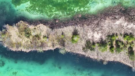 Birdseye-Aerial-View-of-Turquoise-Alpine-Water-and-Coastline,-Almsee-Lake,-Austran-Alps
