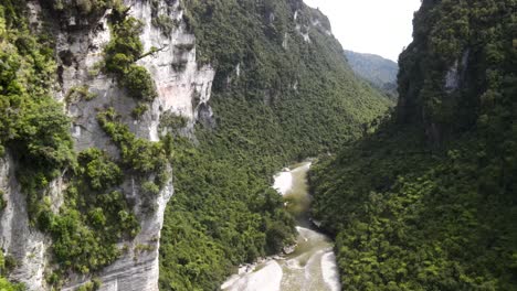 Beautiful-aerial-scenic-view-over-high-cliff-to-Fox-River-in-New-Zealand-native-forest