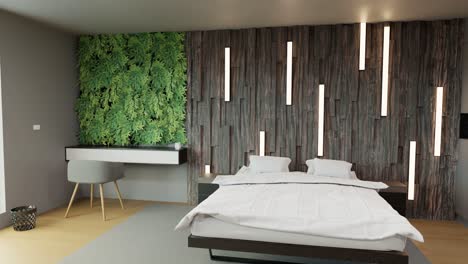 Close-up-shot-of-modern-bedroom-with-stone-visual-effect-wall-decorated-with-plants