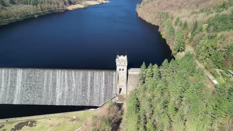 Wide-aerial-sliding-shot-of-Derwent-Dam,-home-of-the-Dam-Busters-practice-during-the-second-world-war