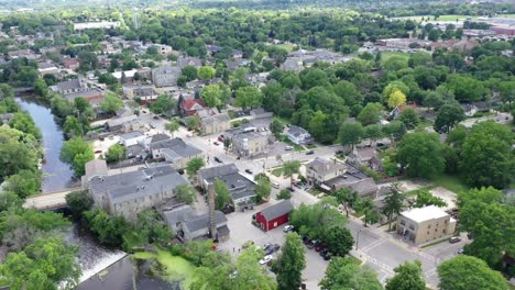 Aerial-view-of-Cedarburg-Wisconsin,-a-popular-tourist-destination-in-south-eastern-Wisconsin