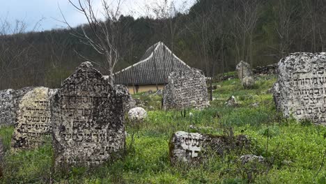 Close-shot-of-thumb-stones-with-Hebrew-inscription-on-an-ancient-Jewish-cemetery-in-the-village-Rascov-in-Transnistria,-the-Pridnestrovian-Moldavian-Republic---Establishing-eshot-in-spring-2023