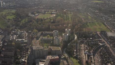 Aerial-shot-over-green-spaces-around-council-estates-Finsbury-park-London