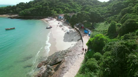 Pristine-Turquoise-Sea-Water-Beach-Shore-Aerial-View,-Azeda-Beach-Buzios-Brazil-Rio-de-Janeiro,-Green-Jungle-Cliff-Landscape