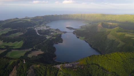 High-angle-drone-view-of-twin-crater-lakes,-Sete-Cidades,-Sao-Miguel,-Azores