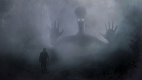 Animation-of-ghost-monster-appearing-out-of-the-fog,-person-is-standing-and-observing-it,-spooky-and-mysterious-atmospheric-concept