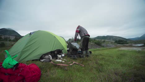 Campista-Con-Su-Perro-Malamute-De-Alaska-Acampando-En-El-Prado