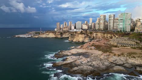 Wide-angle-establishing-drone-shot-Raouche-rocks-and-coast-in-Beirut
