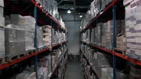 Warehouse-interior,-aisle-of-loaded-shelves-with-goods-packed-for-shipment