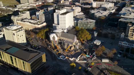 Business-district-and-Cathedral-in-Christchurch-city-centre,-New-Zealand-aerial-cityscape