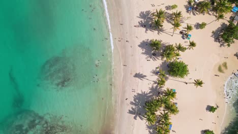 Drone-head-shot-of-Idyllic-Coastline-Of-Ermitaño-beach-In-Samana,-Dominican-Republic