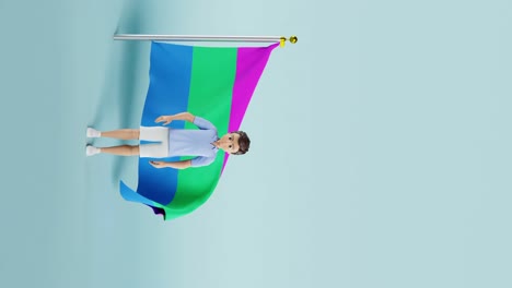 Polysexuelle-Flagge-Hinter-Einem-Männlichen-Charakter,-Der-Mit-Der-Hand-Winkt,-Vertikales-Video-Mit-Animation