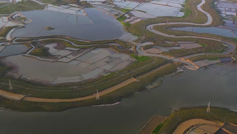 High-aerial-drone-view-of-vast-flooded-landscape-in-Bangladesh,-climate-change