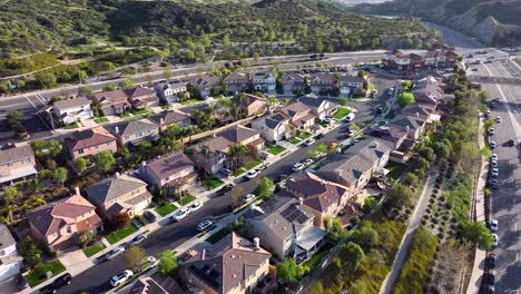 Aerial-view-residential-suburban-houses-in-America-on-sunny-summer-day