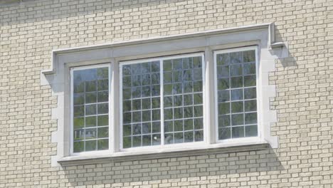 Decorative-manor-house-lead-strip-window-reflecting-lush-gardens-trees-on-geometric-white-brick-wall