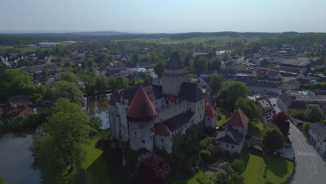 Nice-aerial-top-view-flight-Austria-Heidenreichstein-castle-in-Europe,-summer-of-2023