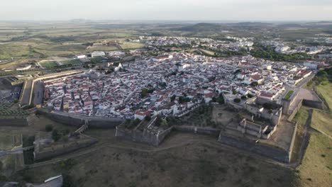 Wide-aerial-pan-of-town-of-Elvas-and-surrounding-landscape-in-Portugal