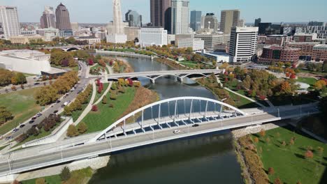 Aerial-pan-up-of-Scioto-river-view-of-downtown-Columbus,-Ohio