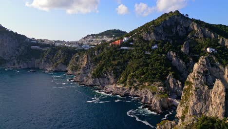 Mountains-And-Sea-Landscape-Of-Capri-Island,-Italy---aerial-drone-shot