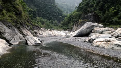 Wild-Remote-River-Valley-with-Clear-Water-Stream-surrounded-by-Deep-Forest-in-Taiwan,-Planet-Earth-Life-Cycle-Water-Resources