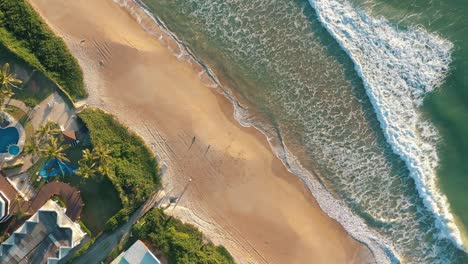 Aerial-top-down-view-tropical-beach-sunrise-with-golden-emerald-color-water-orbital-going-down-shot