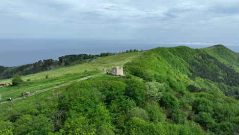 Old-defensive-tower-remains-in-Basque-region-of-Spain,-aerial-view