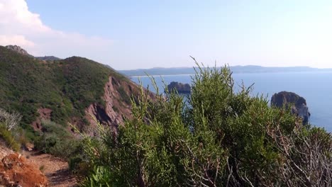 Mediterranean-see,-vegetation-and-shore-from-cliffs-in-Sardaigna