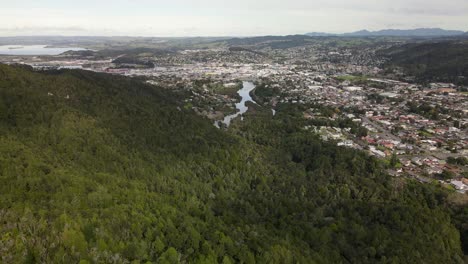 Aerial-View-Of-Dense-Nature-Parks-And-Hatea-River-With-Riverside-Buildings-In-Whangarei,-North-Island,-New-Zealand