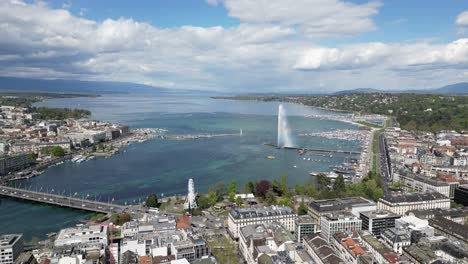 Drone-footage-over-the-central-city-and-lake-area-of-Geneva,-Switzerland