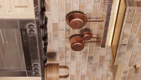 slow-revealing-vertical-shot-of-a-small-antique-kitchen-with-brass-pans-hanging