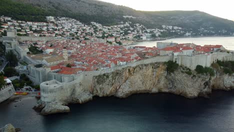 Dubrovnik-City-at-the-Adriatic-Sea,-Golden-Hour-Aerial-View-in-Croatia