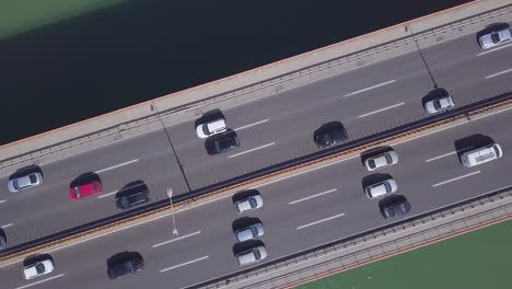 Fly-over-Gazela-bridge-with-traffic-and-cars-in-summer-day,-Belgrade