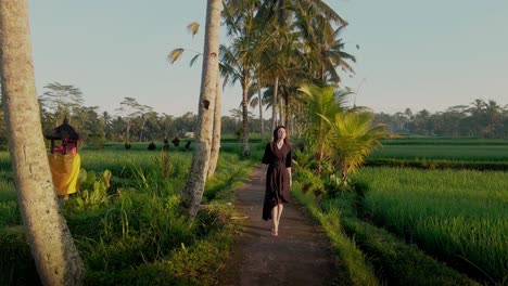 Closeup-of-a-beautiful-female-walking-on-the-road-surrounded-by-palm-trees-and-rice-fields-rice-terrace-exploring-cultural-landscape-on-exotic-vacation-through-Bali-Indonesia