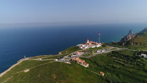 Lighthouse-on-a-cliff-near-Atlantic-Ocean,-Sintra,-Portugal-aerial-view